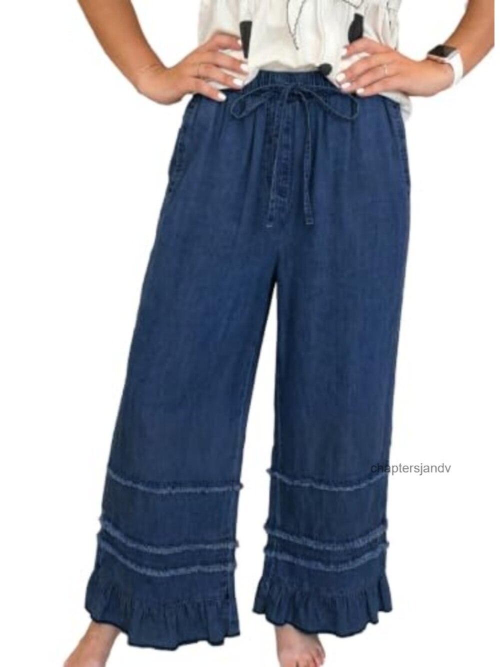 Wide Leg Stretch High Waisted Ruffle Hem Jeans Pull On Denim Pants
